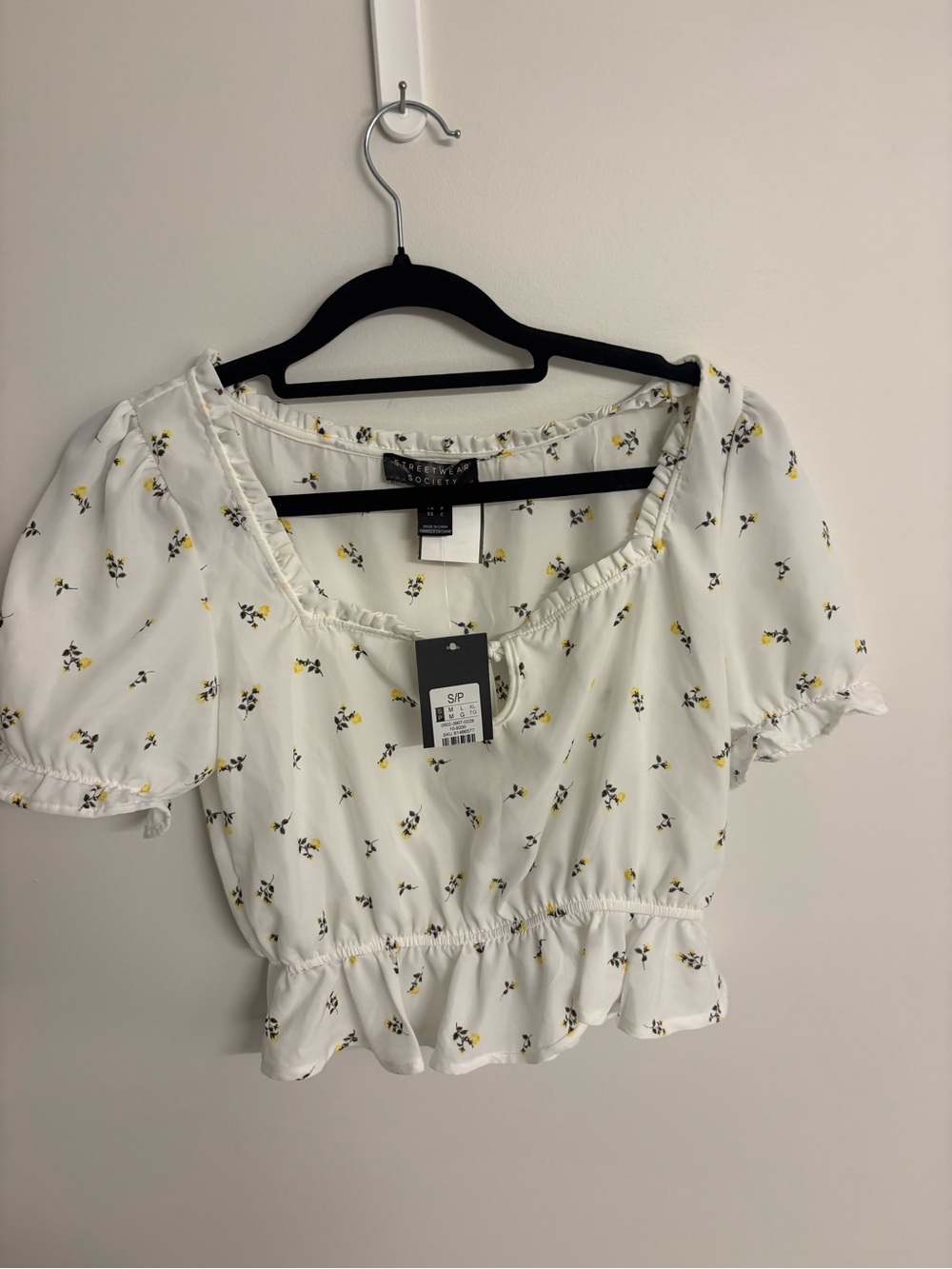 Streetwear Society White Crop Top with Yellow & Black Floral Print